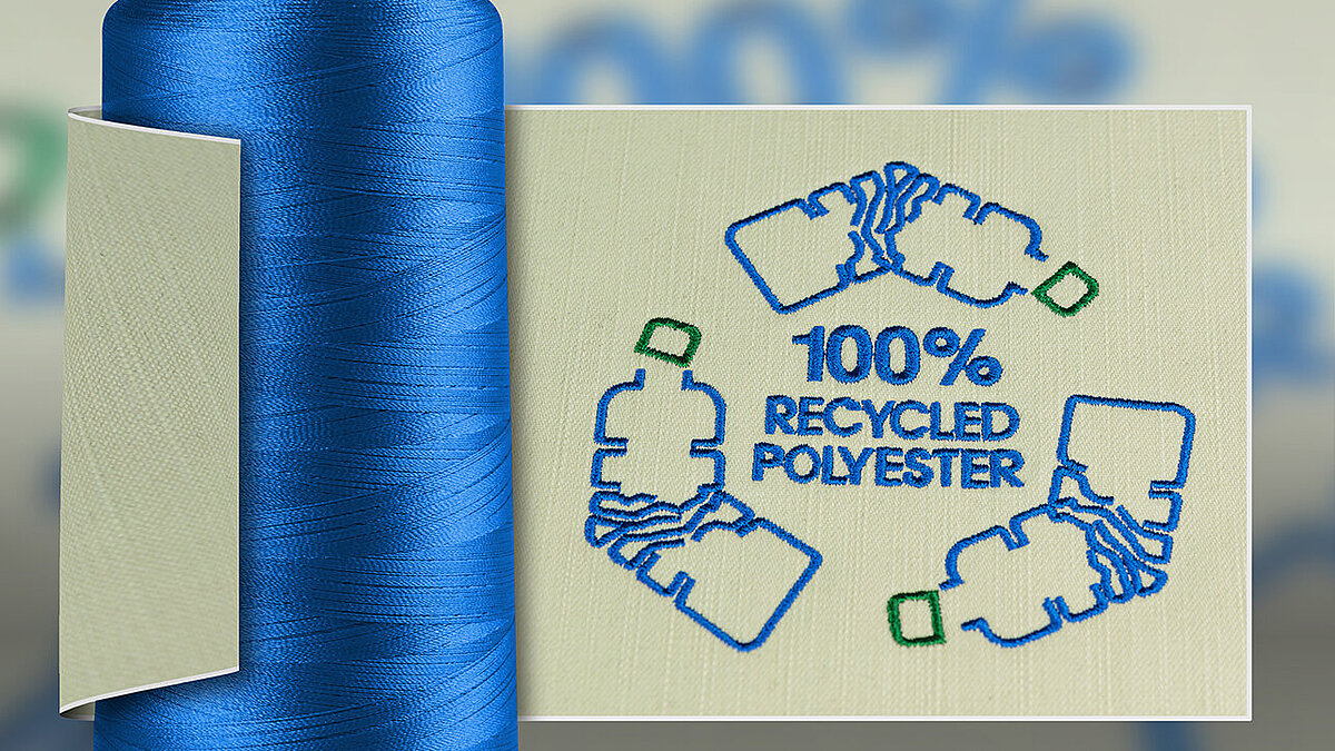 blue thread cone of Polyneon Green and embroidered recycling logo